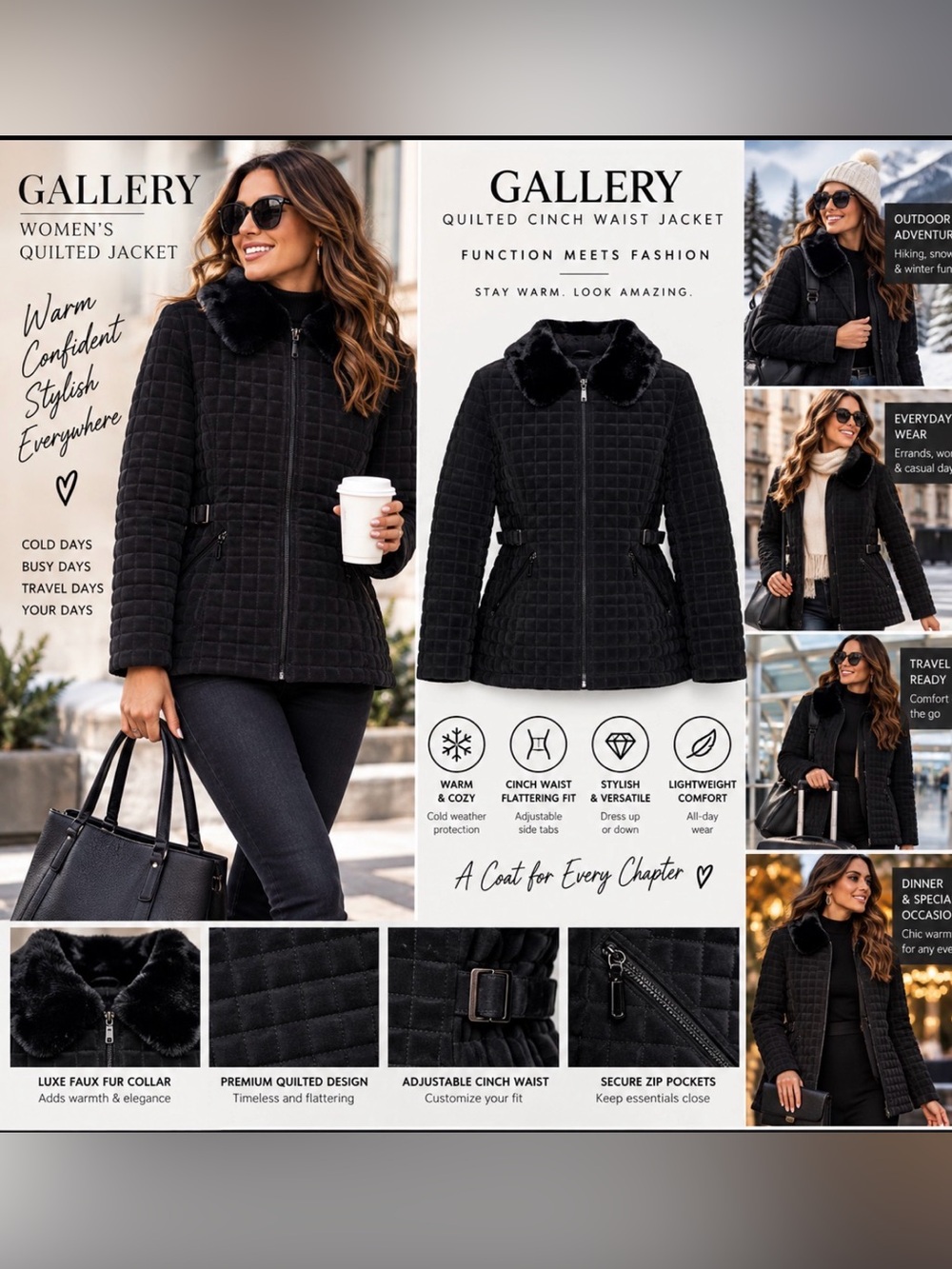 Gallery Quilted Cinch Waist Lined‎ Jacket Winter Outdoor Black Faux Fur Women XL